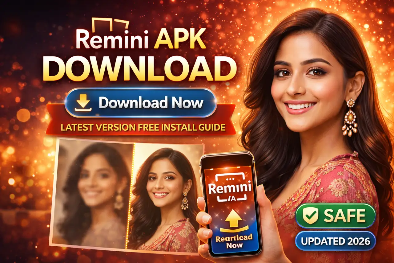 Remini APK Download latest version 2026 Remini APK Download latest version thumbnail showing AI photo enhancement before and after image with download button 2026