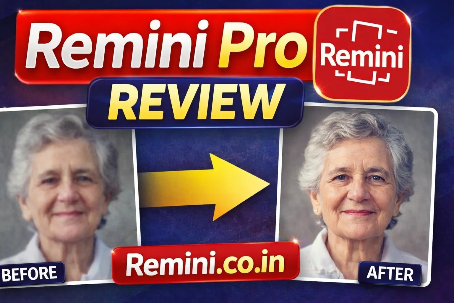 Remini Pro Review 2026 before and after photo enhancement thumbnail with remini.co.in domain name